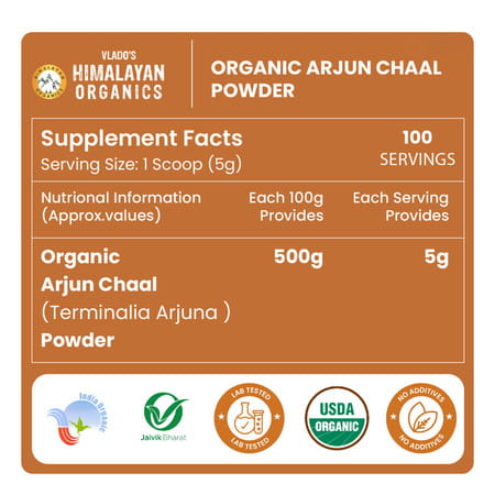 Vlado's Himalayan Organics Arjun Chaal Powder | 100% Natural & Pure Herbal I Usda Organic - 500g