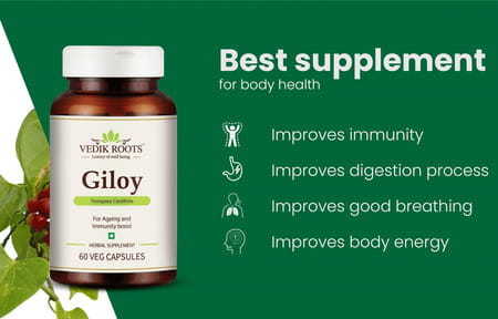 Vedikroots Giloy 60 Capsules 450 Mg 100% Organic | Tinospora Cordifolia | For Digestion(Pack Of 3)