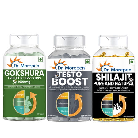 Dr. Morepen Gokshura 60 Tablets & Testo Boost Tablets (60n) + Natural & Pure Shilajit Resin 15g