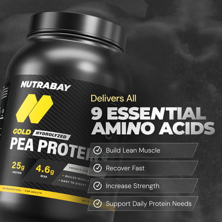Nutrabay Gold Pea Protein Powder | 25G Protein | 4.6G Bcaa | 5G Fiber | French Vanilla - 1Kg