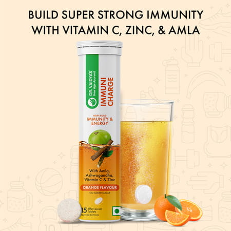 Dr. Vaidya'S Immuni Charge, Natural Immunity Booster | Vitamin C, Amla & Zinc | Orange, 1x15 Tablets