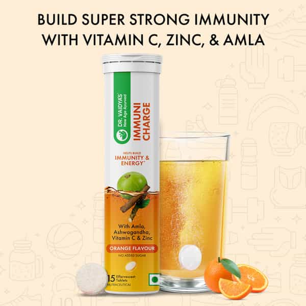 Dr. Vaidya's Immuni Charge, Natural Immunity Booster | Vitamin C, Amla & Zinc | Orange, 1X15 Tablets