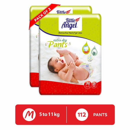 Little Angel Extra Dry Baby Pants Diaper Medium (M) Size 112 Count | Pack Of 2 | 56 Count | 5-11kg