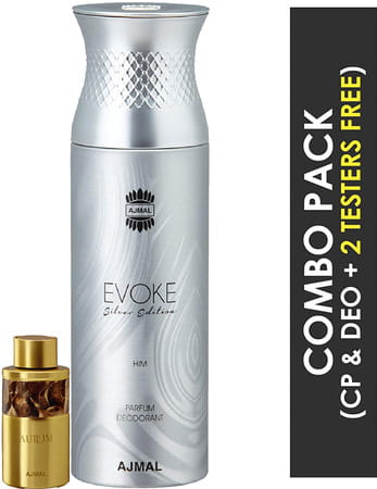 Ajmal Aurum Cp Attar 10ml For Women And Evoke Silver Edition Him Deodorant 200ml For Men