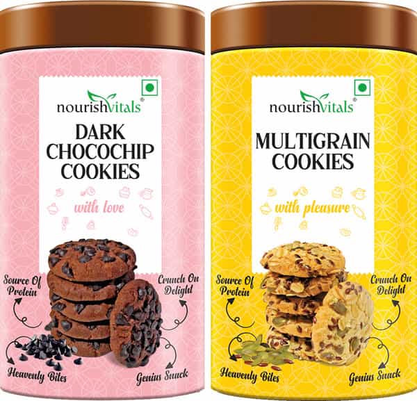 Nourishvitals Dark Chocochip Cookies + Multigrain Cookies Crunchy Delights Genius Snack 120G Each