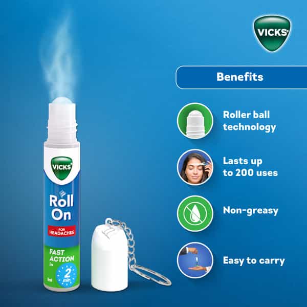 New Vicks Headache Relief Roll-On | Fast Action In 2 Minutes | With Menthol & Camphor 2 X 8Ml