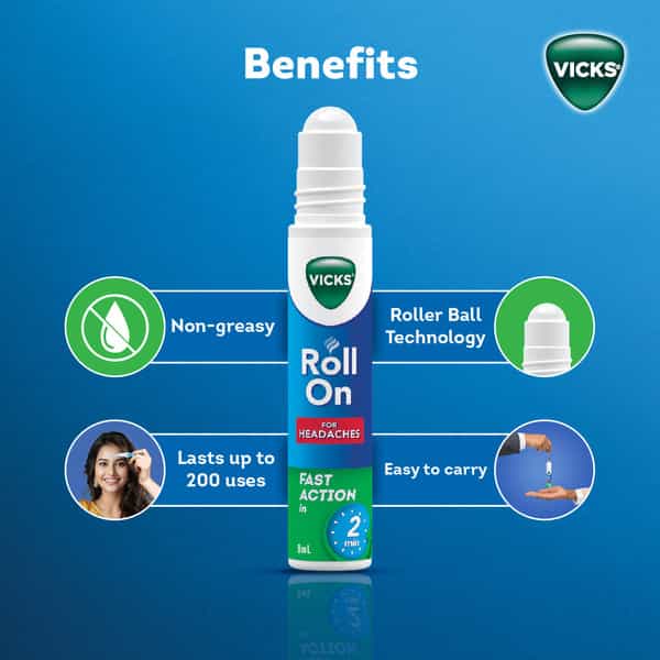 New Vicks Headache Relief Roll-On | Fast Action In 2 Minutes | With Menthol & Camphor 2 X 8Ml