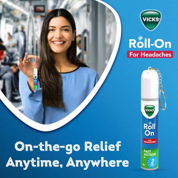 New Vicks Headache Relief Roll-On | Fast Action In 2 Minutes | With Menthol & Camphor 2 X 8Ml