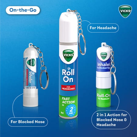 New Vicks Headache Relief Roll-On | Fast Action In 2 Minutes | With Menthol & Camphor 2 X 8ml