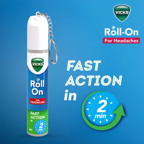 New Vicks Headache Relief Roll-On | Fast Action In 2 Minutes | With Menthol & Camphor 2 X 8Ml