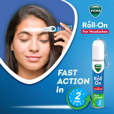 New Vicks Headache Relief Roll-On | Fast Action In 2 Minutes | With Menthol & Camphor 2 X 8ml