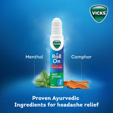 New Vicks Headache Relief Roll-On | Fast Action In 2 Minutes | With Menthol & Camphor 2 X 8ml