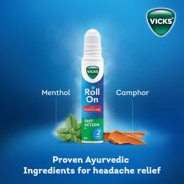 New Vicks Headache Relief Roll-On | Fast Action In 2 Minutes | With Menthol & Camphor 2 X 8Ml