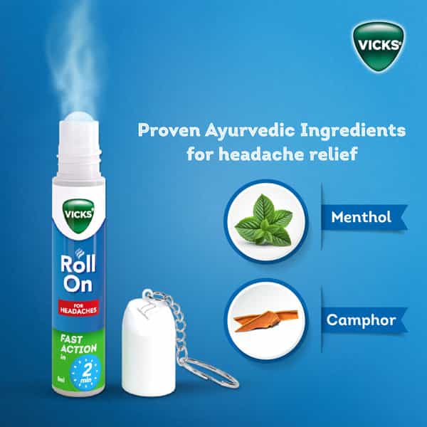 New Vicks Headache Relief Roll-On | Fast Action In 2 Minutes | With Menthol & Camphor 2 X 8Ml