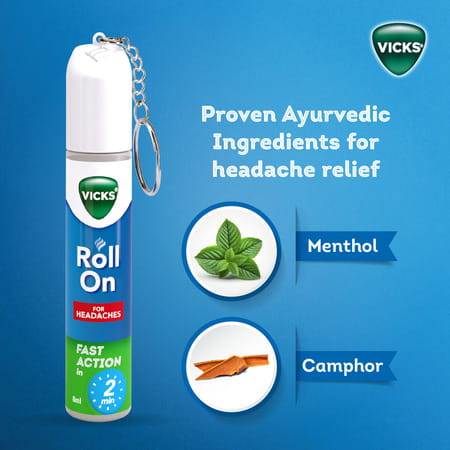 New Vicks Headache Relief Roll-On | Fast Action In 2 Minutes | With Menthol & Camphor 2 X 8ml