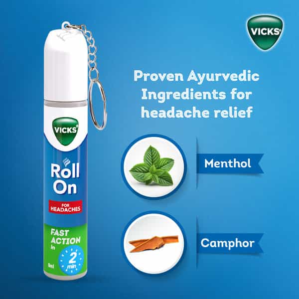 New Vicks Headache Relief Roll-On | Fast Action In 2 Minutes | With Menthol & Camphor 2 X 8Ml