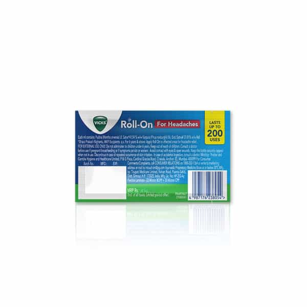 New Vicks Headache Relief Roll-On | Fast Action In 2 Minutes | With Menthol & Camphor 2 X 8Ml