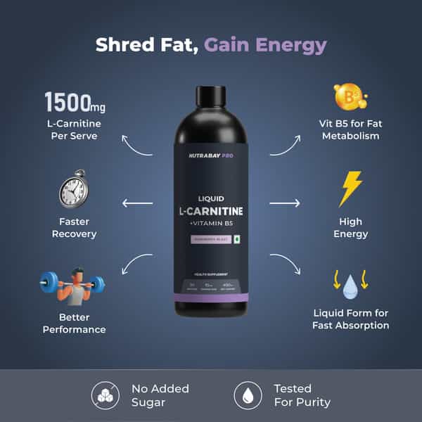 Nutrabay Pro Liquid L-Carnitine With Vitamin B5 - 450 Ml | Raspberry Blast | 30 Servings