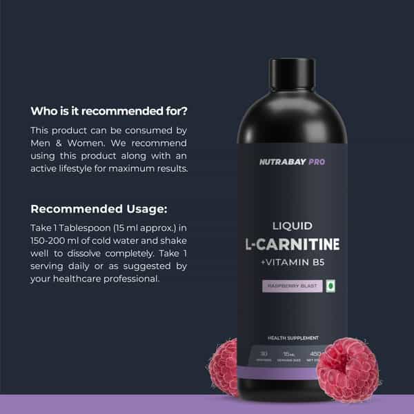 Nutrabay Pro Liquid L-Carnitine With Vitamin B5 - 450 Ml | Raspberry Blast | 30 Servings