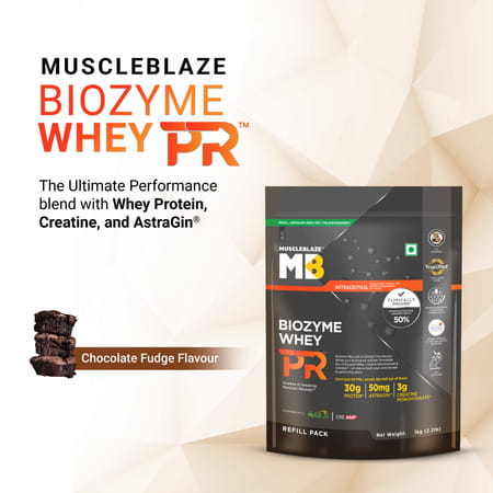 Muscleblaze Biozyme Whey Protein Pr | 30G Protein | Chocolate Fudge | 1Kg Trustified Gold Certified