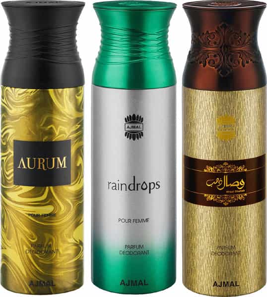 Ajmal Aurum & Raindrops & Wisal Dahab Deodorant Perfume - For Men & Women (200 Ml Pack Of 3)