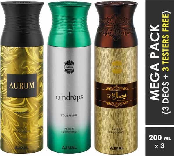 Ajmal Aurum & Raindrops & Wisal Dahab Deodorant Perfume - For Men & Women (200 Ml Pack Of 3)