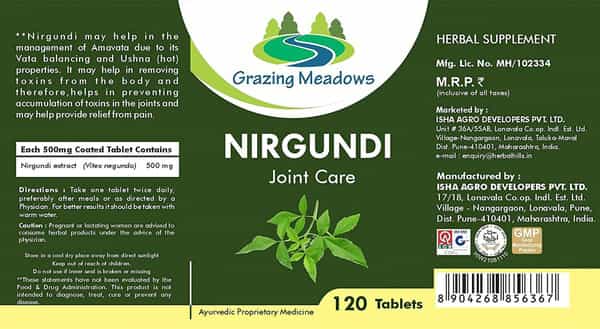 Grazing Meadows Nirgundi 120 Tablet - 500Mg For Joint Care & Various Health Benefits (Pack Of 5)
