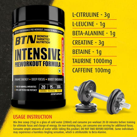 Btn Sports Intensive Pre-Workout Formula With Amino Acids | Watermelon - 20 Servings (300g)