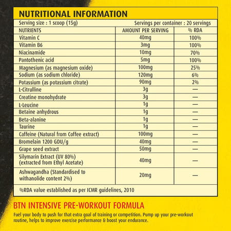 Btn Sports Intensive Pre-Workout Formula With Amino Acids | Watermelon - 20 Servings (300g)