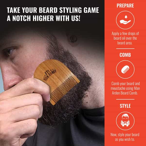 Man Arden Pure Neem Wooden U Shaped Beard Comb With Premium Faux Leather Pouch