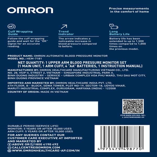 Omron Hem-7181 Automatic Blood Pressure Monitor 1 Nos