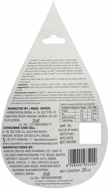 So Sweet Stevia Liquid 400 Drops (20Ml) Natural Sweetener 100% Natural Sweetener-Sugarfree