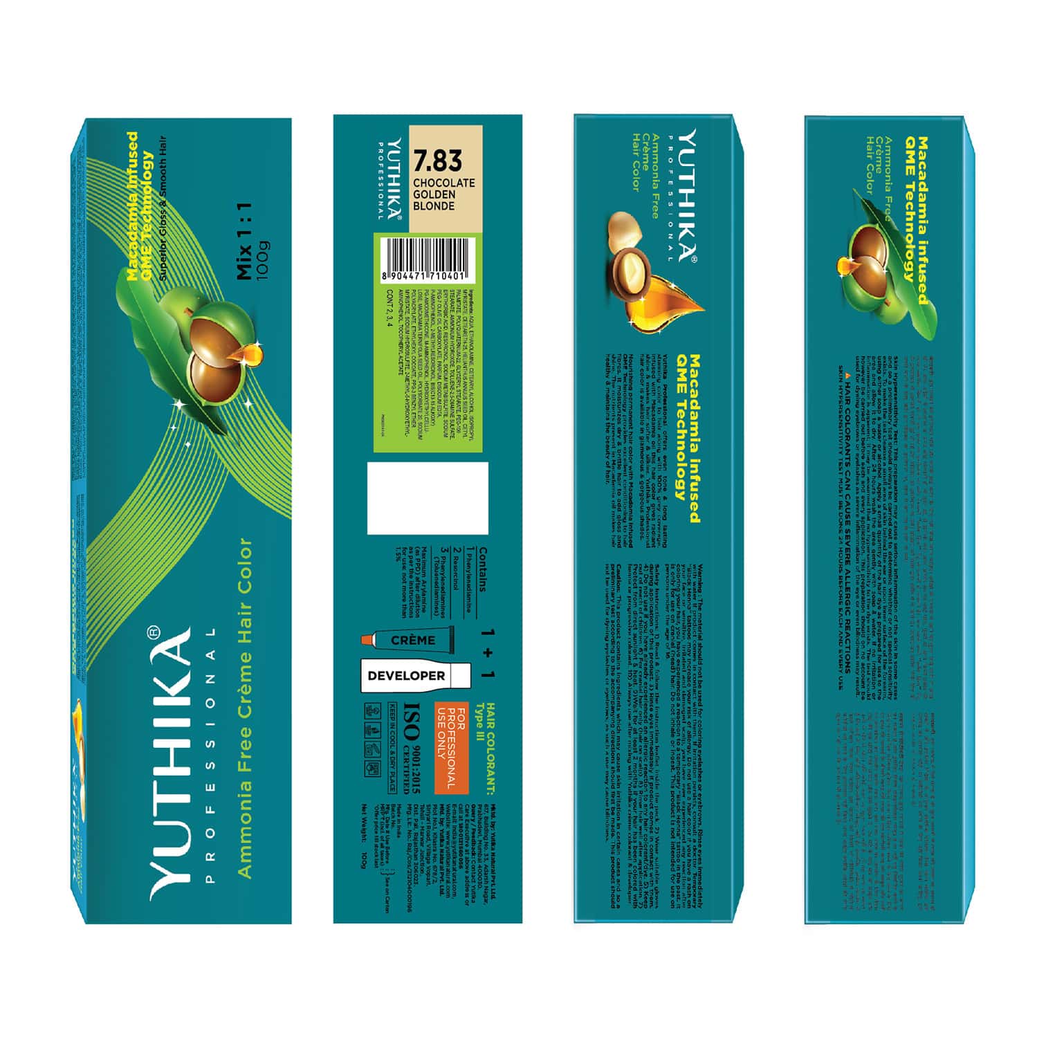 Yuthika Professional Creme Hair Color 7.83 Chocolate Golden Blonde 100g | Permanent Salon Hair Color