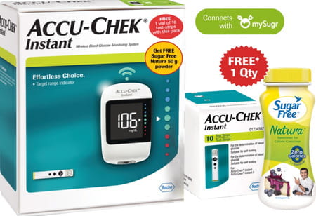 Accu-Chek Instant Glucometer & 10 Test Strips With Free Sugarfree