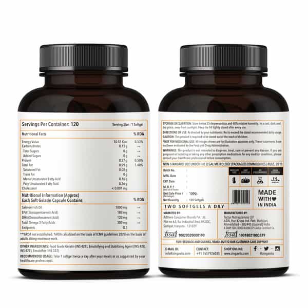 Zingavita Omega 3 Fish Oil Capsules 1000Mg Mercury Free Formula For Joint Support - 120 Capsules