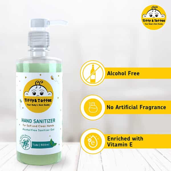 Tiffy & Toffee Baby Hygiene Sanitizer Gel (Alcohol Free) Tulsi Hand Sanitizer Pump Dispenser 500Ml