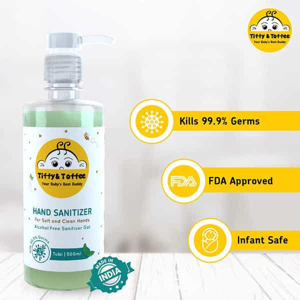 Tiffy & Toffee Baby Hygiene Sanitizer Gel (Alcohol Free) Tulsi Hand Sanitizer Pump Dispenser 500Ml
