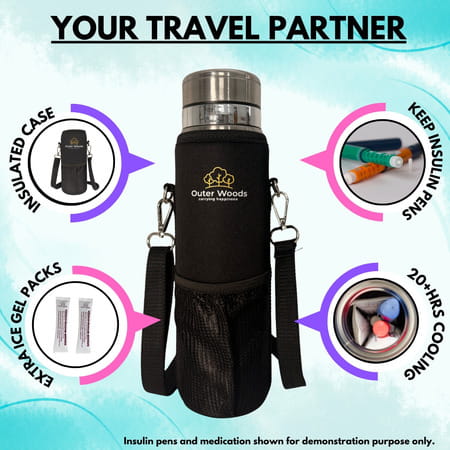 Outer Woods Insulin Cooler Bottle Case With 10 Mini Ice Gel Packs | 20+ Hrs Cooling | Large - Silver