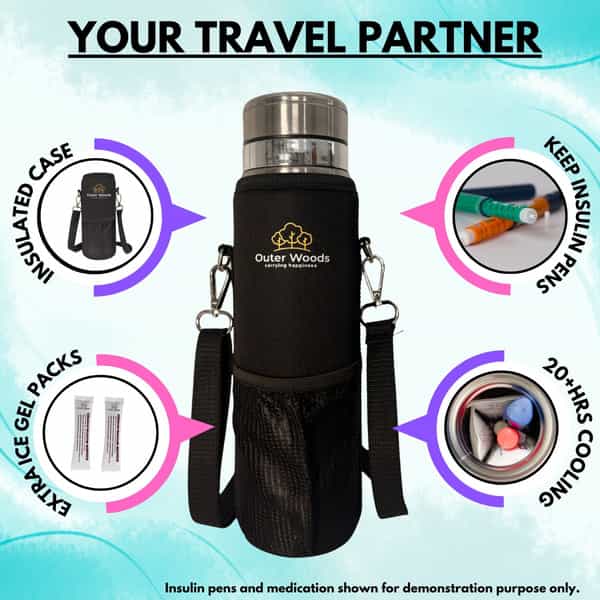 Outer Woods Insulin Cooler Bottle Case With 10 Mini Ice Gel Packs | 20+ Hrs Cooling | Large - Silver