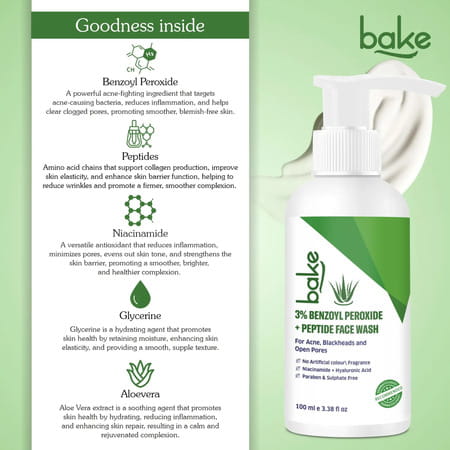 Bake 3% Benzoyl Peroxide + Peptide Face Wash For Acne & Pores (100Ml)