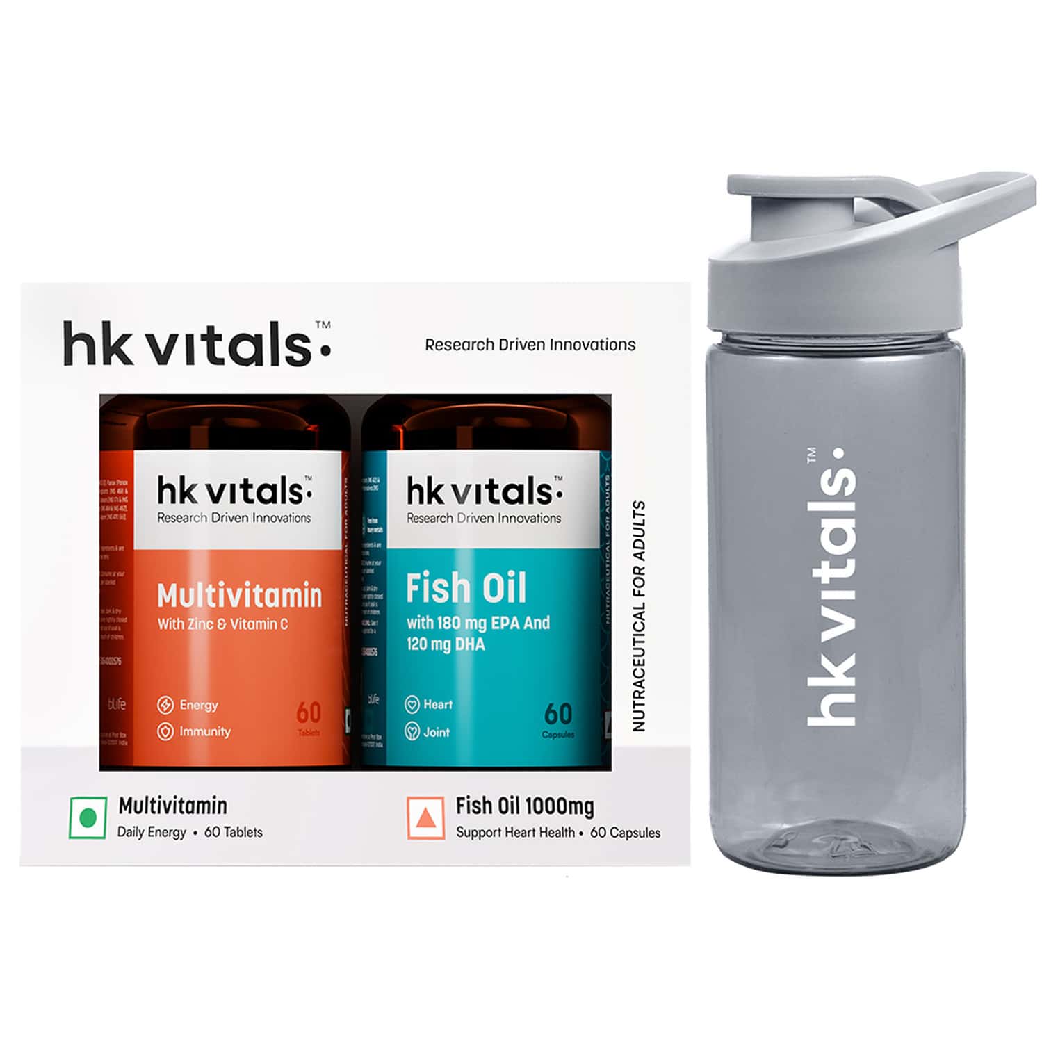 Hk Vitals Fish Oil | Multivitamin 60 Omega 3 Fish Oil | 60 Multivitamin With 300ml Sipper