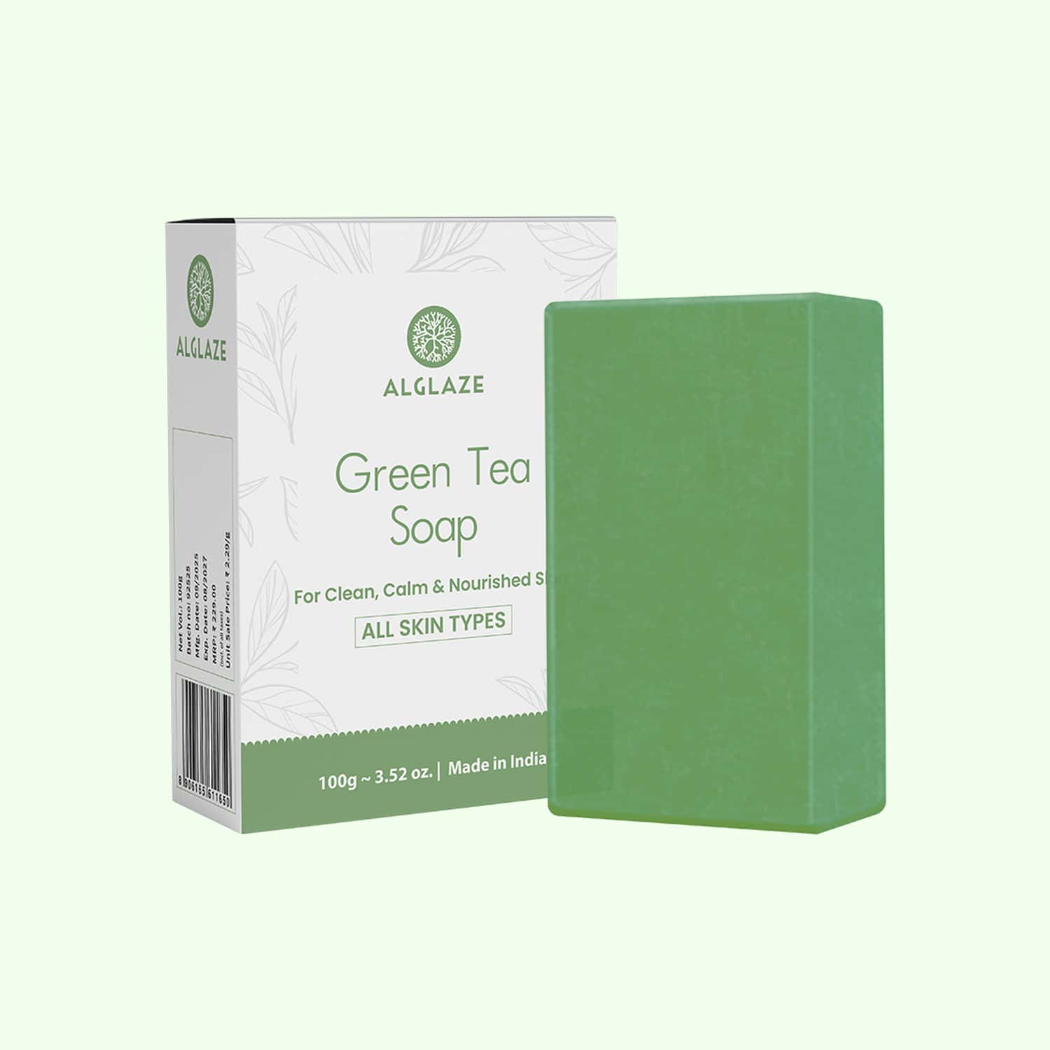 Alglaze Green Tea Soap With Shea Butter & Jojoba Oil | Cleanses| Calms & Nourishes | 100g
