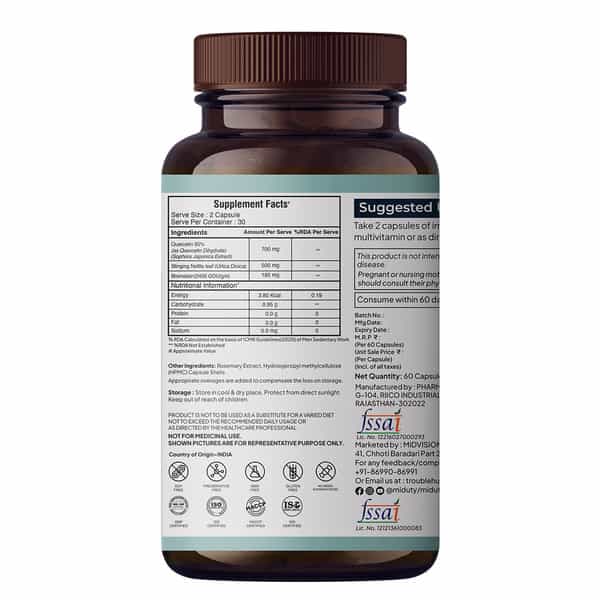 Miduty Immune Shield - Vit C - Zinc - Quercetin - Immunity Booster - Antioxidant - 60 Capsules