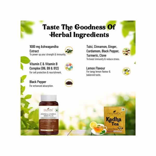 Neuherbs Herbal Immunity Booster Combo Pack Ashwagandha 1000 Plus - 60 Tab Kadha - 25 Tea Bags