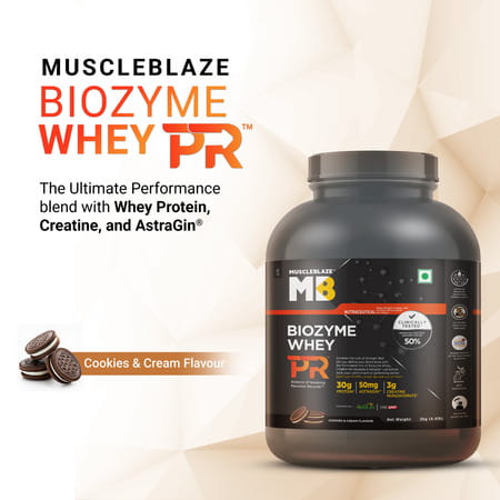 Muscleblaze Biozyme Whey Protein Pr | 30G Protein | Cookies & Cream | 2Kg Trustified Gold Certified