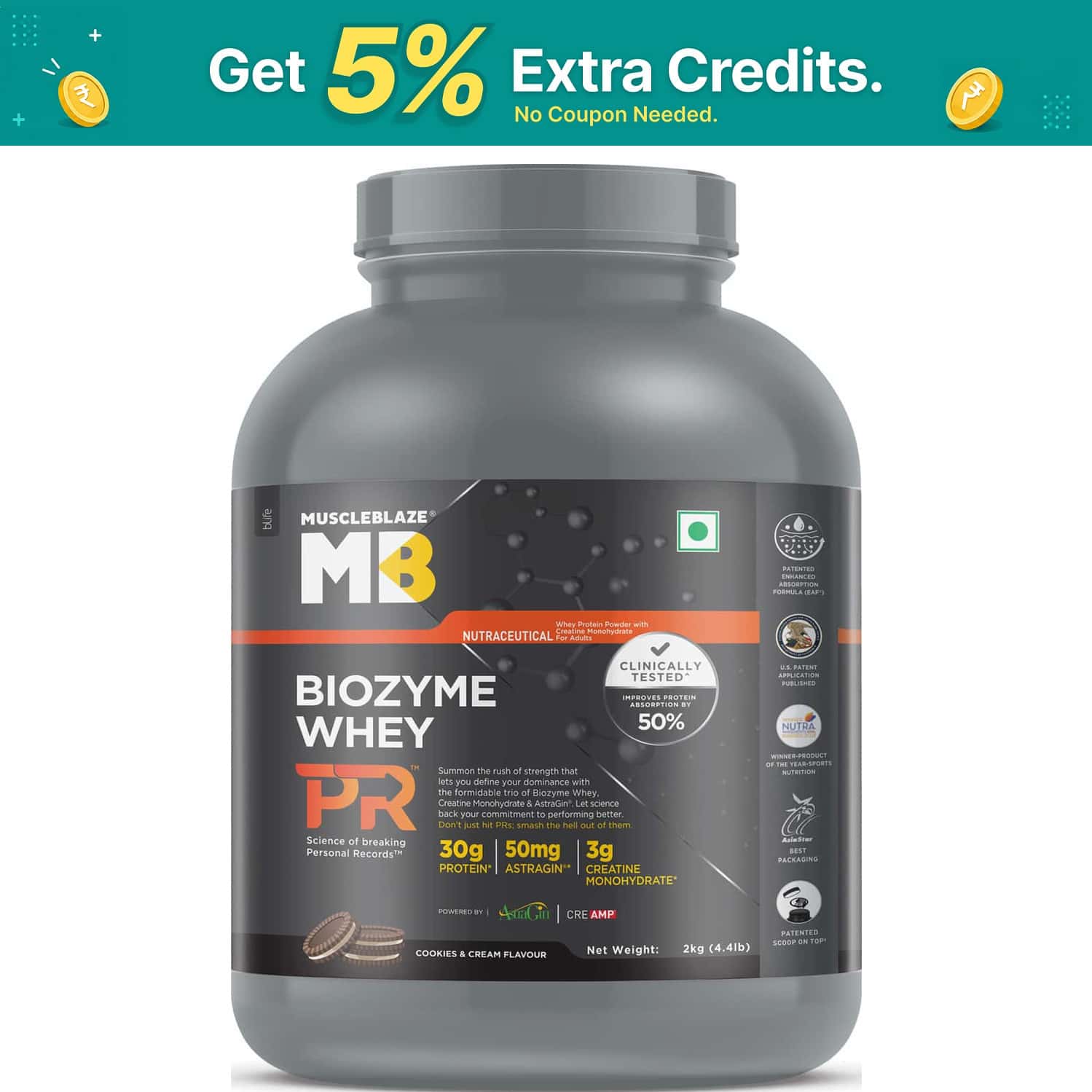Muscleblaze Biozyme Whey Protein Pr With 30g Protein, 3g Creatine Monohydrate (cookies & Cream, 2kg)