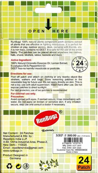 Runbugz Mosquito Repellent Patches Anti Mosquito Patch 24 Patches - Green