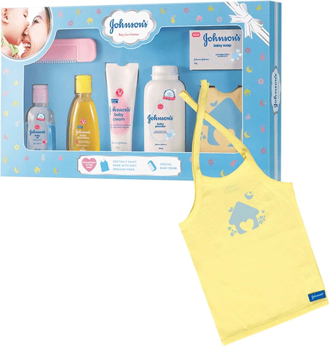 Johnson'S Baby Care Collection Baby Gift Box With Organic Cotton Baby T-Shirt - 7 Gift Items