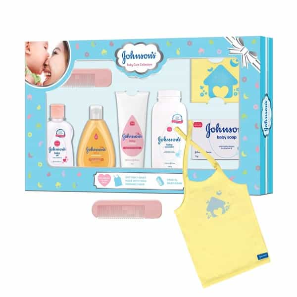 Johnson's Baby Care Collection Baby Gift Box With Organic Cotton Baby T-Shirt - 7 Gift Items