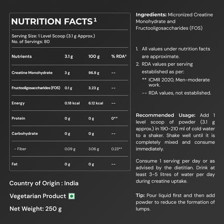 Nutrabay Pure 100% Micronised Creatine Monohydrate - Unflavoured - 250G